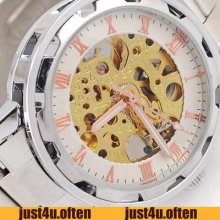 Golden Skeleton Mens Silver Steel White Auto Mechanical Wrist Watch Gift Newest