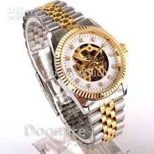 Good Quality Men White Skeleton Crystal Mechanical Automatic Wristwa