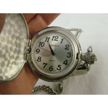 Gorgeous Mens Silver tone Pocket Watch Truck Driver Motif 18 Wheeler on Case Front Excellent Running Order