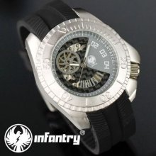 Hand Winding Mens Sport Lume Hands Mechanical Wrist Watch Black Rubber Gift