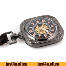 Handwind Vintage Style Skeleton Pocket Watch Roman Number Leather Chain Square