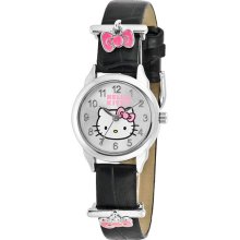 Hello Kitty Pink Bow Charm Black Leather Watch