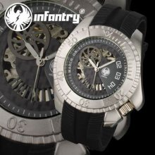Infantry Mens Wind-up Mechanical Skeleton Gunmetal Watch Rubber Band Uk