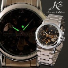 Ks Skeleton Automatic Mechanical Stainless Steel Blackdial Men Sport Wrist Watch