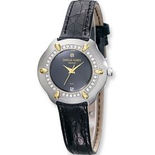 Ladies Charles Hubert Diamond 18k Accent Crocodile Band Black Dial Watch No. 18302D-L/J