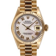 Ladies Rolex Datejust President 18k Yellow Gold Watch White Mop Roman Dial