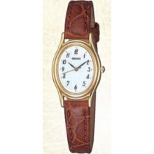 Ladies Seiko Classic Gold Watch W/ Brown Leather Strap & White Dial