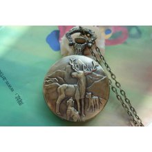 Large Antique Bronze Vintage Filigree Deers Mother and Sons Round Steampunk Pocket Watch Locket Pendants Necklaces with Chains FREE Ribbon