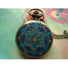 Large Antique Bronze Vintage Filigree Painted Dark Blue Flowers with Diamond Jewel Round Pocket Watch Locket Pendants Necklaces Chains