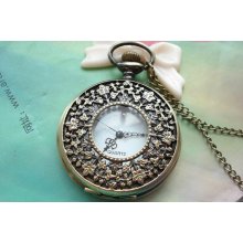 Large Antique Bronze Vintage Filigree Lots of Small Flowers Steampunk Round Pocket Watch Locket Pendants Necklaces