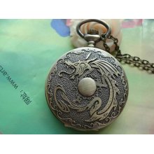 Large Antique Bronze Vintage Filigree Dragon Totem Steampunk Round Pocket Watch Locket Pendants Necklaces