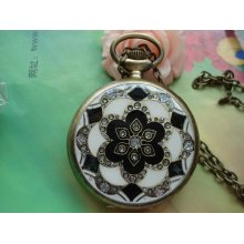 Large Antique Bronze Vintage Filigree Painted White & Black Flowers with Diamond Jewel Round Pocket Watch Locket Pendants Necklaces