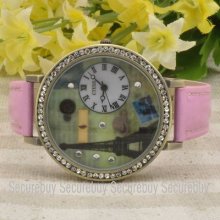 Leather Belt Embossed Eiffel Tower Diamond Dial Woman Quartz Wrist Watch