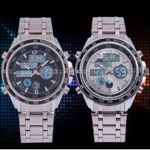 Limitedsports Men's Digital Quartz Led Analog Clock Stainless Wrist Watch
