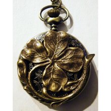 Lucky Steampunk Pocket Watch Four Leaf Clover Shamrock Victorian Style Necklace or Chain Fob