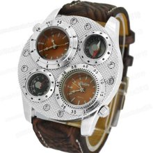 Luxurious Leather Watchband Men's Quartz Boy's Compass Thermomet Wrist Watch