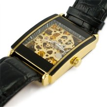 Luxury Golden Rectangle Clear Dial Mens Automatic Watch - gold