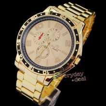 Luxury Golden Tone Stainless Steel Mens Wrist Watch Quartz Light Military Army