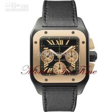 Luxury Mens Santos 100 Xl Black Automatic & Rose Gold Wristwatch