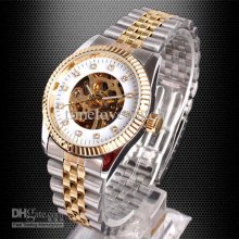 Luxury Style 4pcs Men White Skeleton Crystal Mechanical Automatic Wr