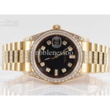 Luxury Watch Yellow Gold Day-date Black Dial Diamond President Autom