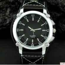 Master Mens Black Pu Leather Quartz Wrist Watch Sport Casual Analog Hour Clock
