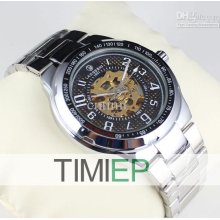 Mechanical Analog White Skeleton Stainless Steel Mens Army Military