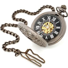 Mechanical Brown Vintage Pocket Watch Case Long Necklace Chain For Gift