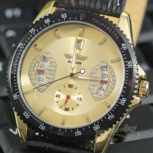 Men Automatic Mechanical Watch Golden Face 2 Wing Date