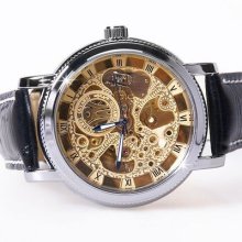Men Mens Golden Skeleton Case Mechanical Watch Black Leather Strap + Gift Box