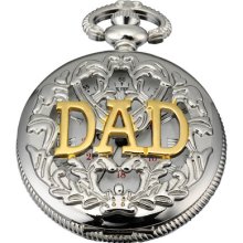 Men Silver Skeleton Cover Gold Engraved Dad Pendant Pocket Quartz Watch Gbh