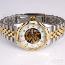 Men White Skeleton Crystal Mechanical Automatic Wristwatch Stainless