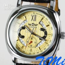 Men Yellow Square Automatic Mechanical Day Watch Freeship