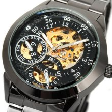 Men's Black Automatic Mechanical Skeleton Wrist Watch