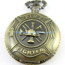 Mens Bronze Fire Fighter Quartz Pocket Watch Chain
