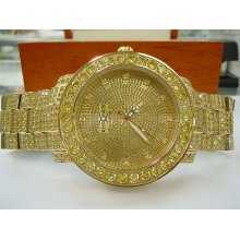 Men's Canary Yellow Crystal Cz Iced Out Yellow Gold Plated Khronos Watch