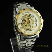 Men's Luxury Automatic White & Golden Hollow Dial S/steel Mechanical Wrist Watch
