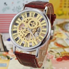 Mens Luxury Gentle Big Case Golden Skeleton Mechanical Wrist Watch Brown Leather