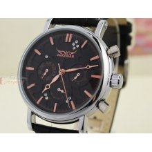 Mens Luxury Rose Gold Six Hands Date Week Selfwind Black Leather Wrist Watch