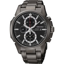 Mens Seiko Black Ion Finish Stainless Steel Solar Alarm Chronograph Watch