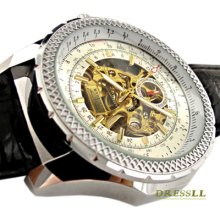 Men's Special Automatic Mechanical White Dial Black Leather Band Wrist Watch