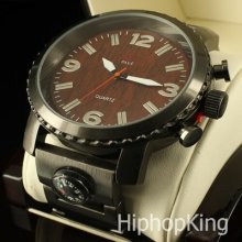 Men's Techno Pave Wooden Face Rare Rose Gold Watch With Compass Metal Band