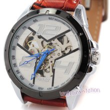 Mens Unique Skeleton Y Style Dial Automatic Wrist Watch Blue Hand Leather