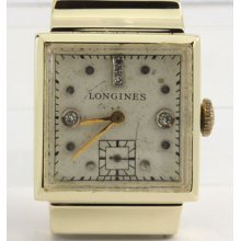 Mens Vintage 1947 14k Yellow Gold Longines Hooded Lugs Diamond Mechanical Watch