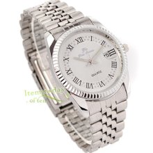 Men's Wrist Watch Quartz Movt Stainless/s Date Silver Case Strap Gift White