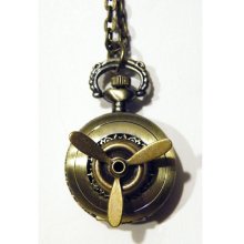 Military Steampunk Pocket Watch Necklace Golden Brass Propeller That Spins