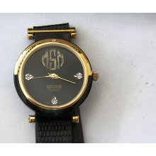 Mint Pre Owned Unused Benrus Black/goldtone 3 Diamond Watch Strapno Reserve