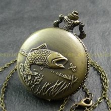 N08 Full Hunter Brass Carving Fish 4.5cm Quartz Necklace Pocket Watch Clock