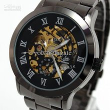 New Black Stainless Steel Automatic Skeleton Mechanical Men Sport Wa