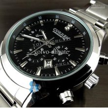 New Dial Water Quartz Hours Date Silver Hand Black Men Steel Wrist W
